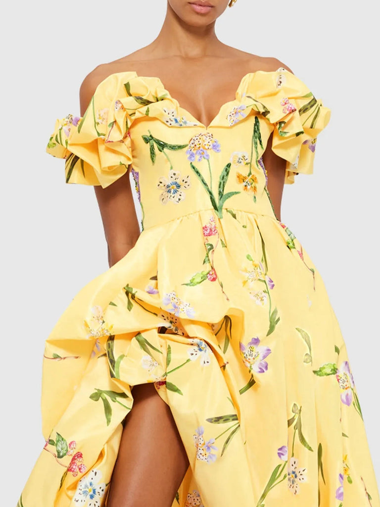 Off-the-shoulder Printed Hem Slit Party Maxi Dress