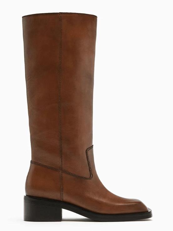 Square toe flat knee boots for women retro thick heel long boots