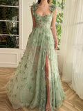 Elegant Tulle Butterfly Lace Applique Ball Slit Evening Maxi Dress