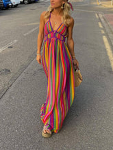 画像をギャラリービューアに読み込む, Rainbow Stripe Print V-Neck Maxi Dress