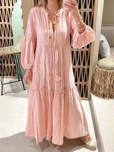 Load image into Gallery viewer, V-Neck Puff Sleeve Bohemian Cotton And Linen Dress