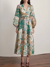 Lataa kuva Galleria-katseluun, Hand-Painted Printed V-Neck Waist Midi Dress