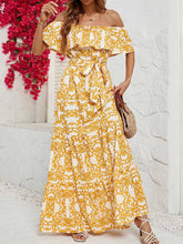 Laden Sie das Bild in den Galerie-Viewer, One-Shoulder Short-Sleeve Printed Ruffle Maxi Dress