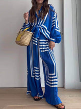 Carica l&#39;immagine nel visualizzatore di Gallery, Printed Striped Shirt Pleated Straight Wide-Leg Pants Suit