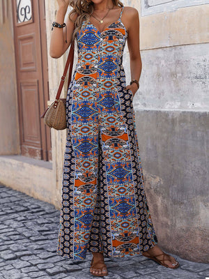 Ethnic Suspender Print Wide-Leg Jumpsuit