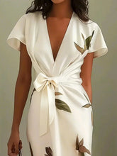 Lataa kuva Galleria-katseluun, White Leaf Short Sleeve Satin Wrap Sheath Midi Dress