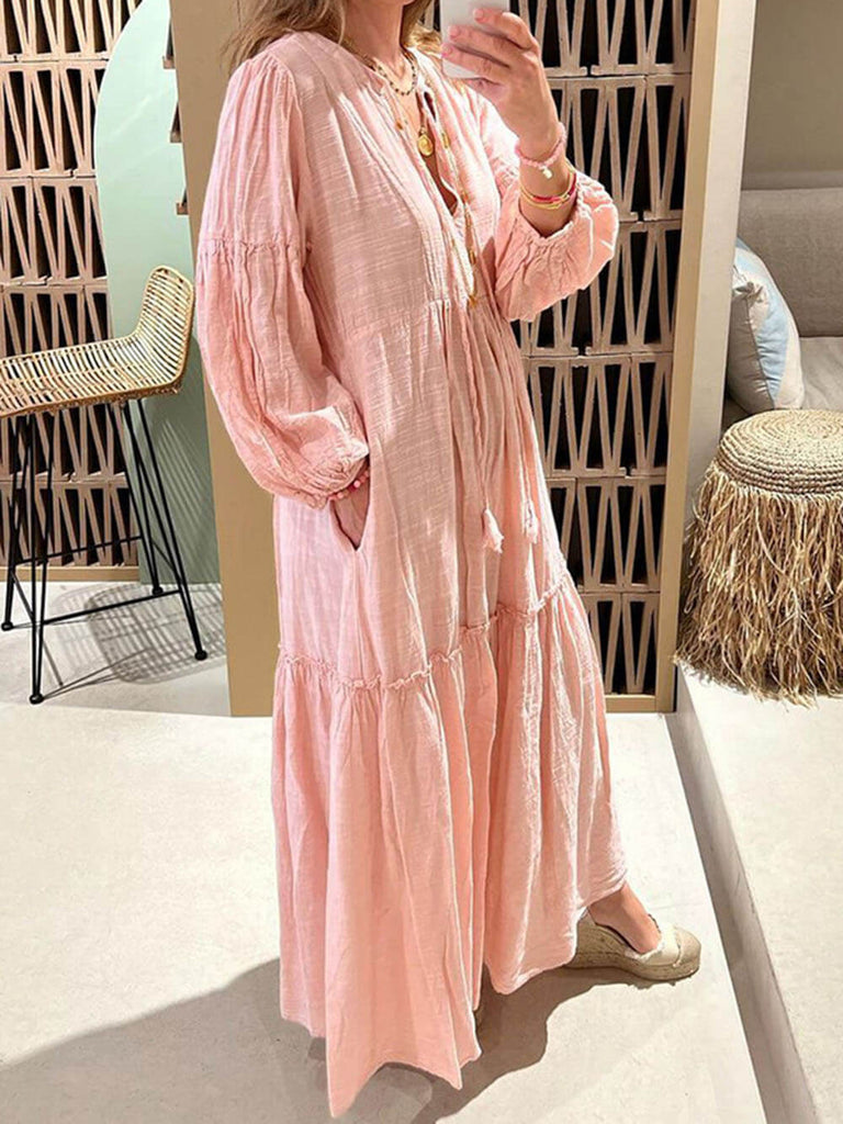 V-Neck Puff Sleeve Bohemian Cotton And Linen Dress