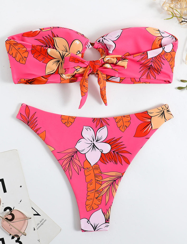 Ensemble de bikini push-up à anneau en O rose