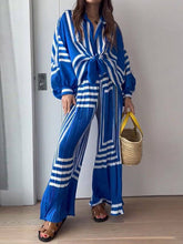 Load image into Gallery viewer, Printed Striped Shirt Pleated Straight Wide-Leg Pants Suit