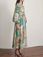 Indlæs billede til gallerivisning Hand-Painted Printed V-Neck Waist Midi Dress