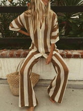 Load image into Gallery viewer, Fashion Loose V-Neck Hollow Out Striped Shirt Wide Leg Pants Set