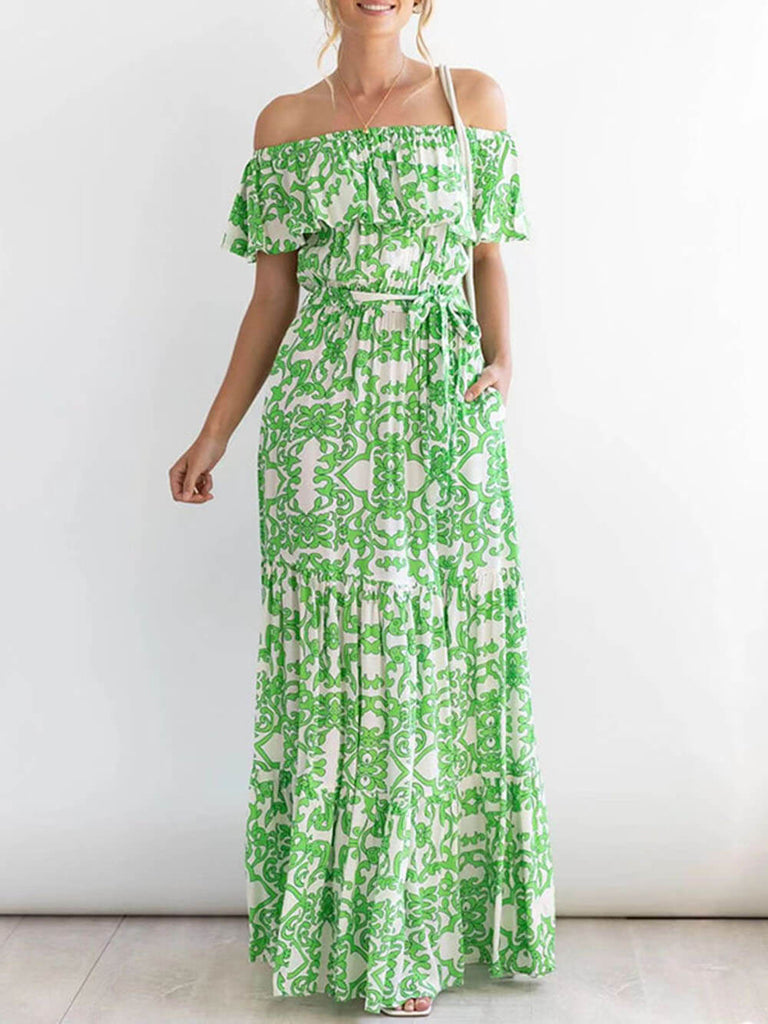 One-Shoulder Short-Sleeve Printed Ruffle Maxi Dress