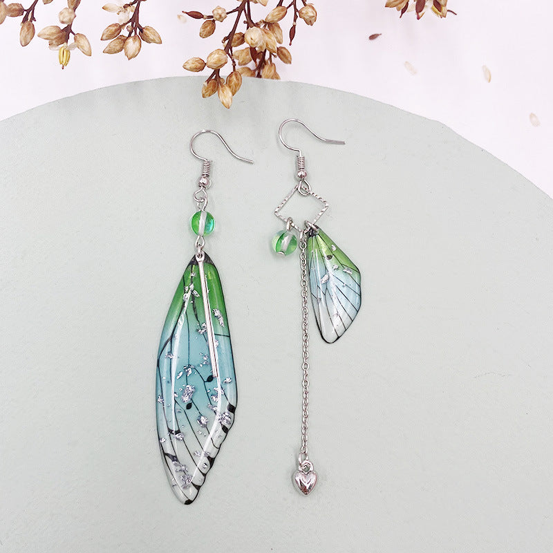 Boucles d'oreilles à pampilles en forme d'aile de cigale en feuille d'or verte et d'aile de papillon 