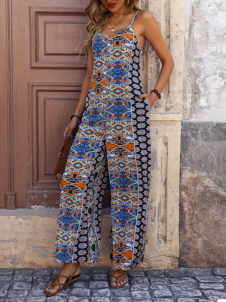 Ethnic Suspender Print Wide-Leg Jumpsuit