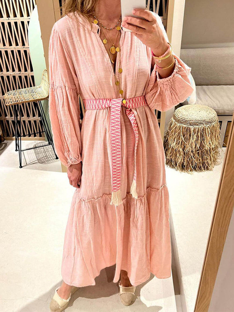 V-Neck Puff Sleeve Bohemian Cotton And Linen Dress