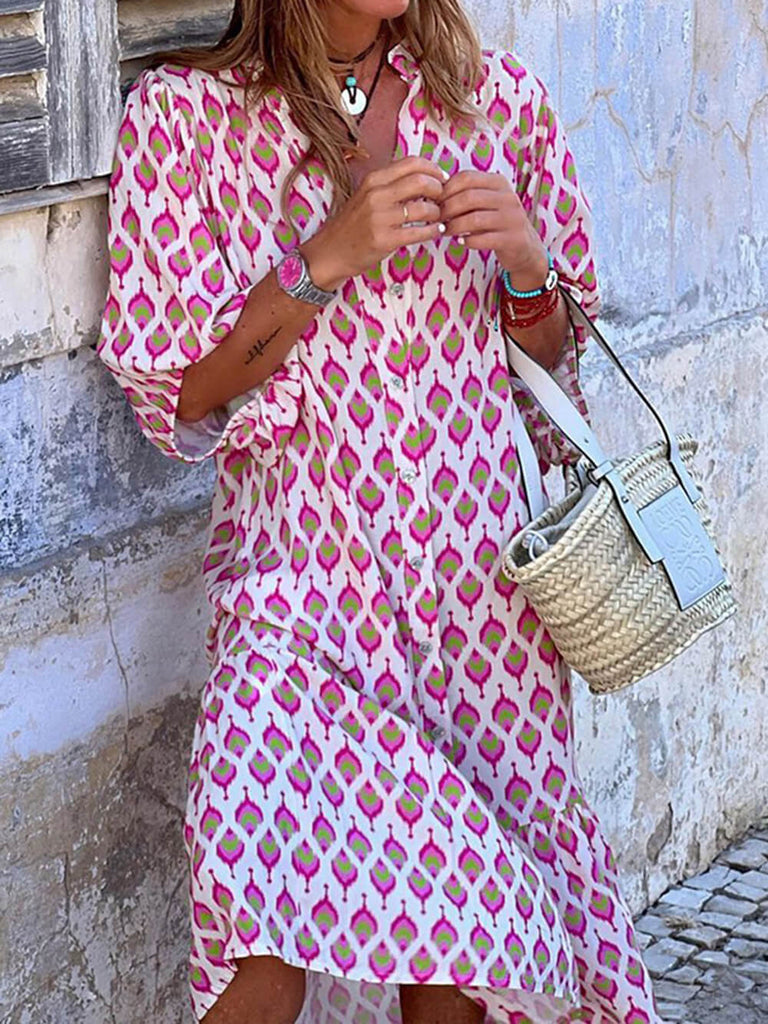 Fashionable Printed Mid-Sleeve Cardigan Midi Dress