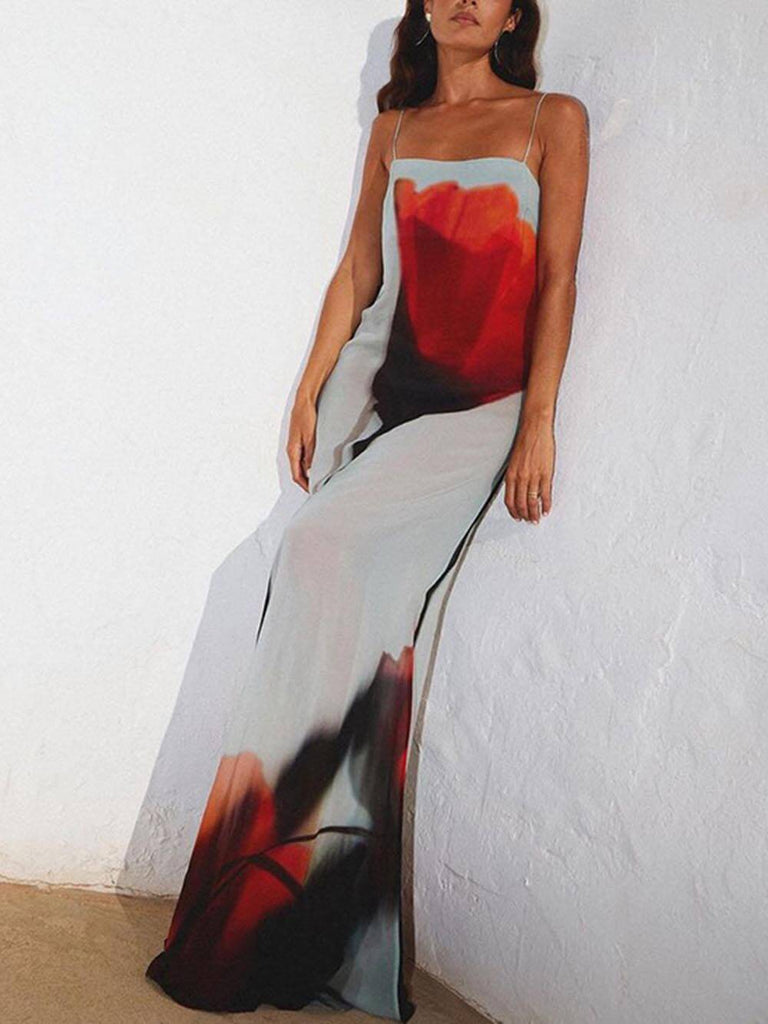 Vacation Abstract Tulip Print Slip H-Line Maxi Dress