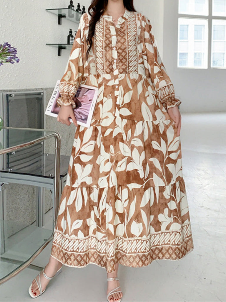 Printed lantern sleeves loose dress