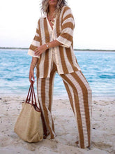 Load image into Gallery viewer, Fashion Loose V-Neck Hollow Out Striped Shirt Wide Leg Pants Set