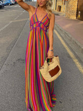 Görseli Galeri görüntüleyiciye yükleyin, Rainbow Stripe Print V-Neck Maxi Dress