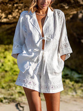 Carregar imagem no visualizador da galeria, Summer Strappy Hollow Short-Sleeved Shirt And Shorts Two-Piece Set