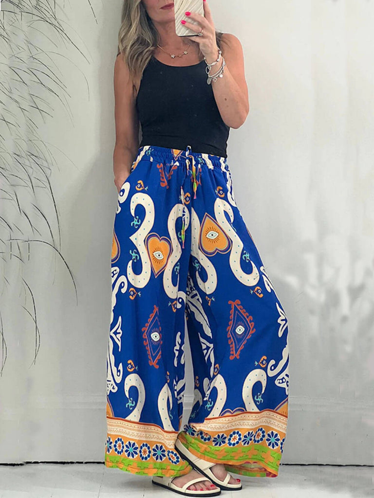 Printed Pocketed Drawstring Elastic Waist Pants