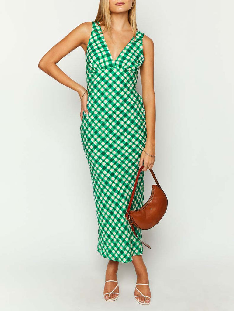 Vintage Green Plaid V-Neck Maxi Dress