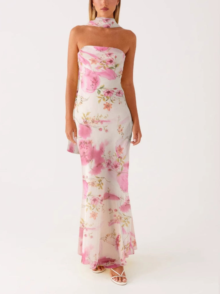 Digital print backless dress