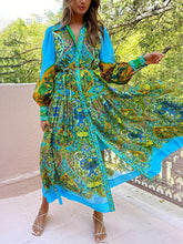 Lataa kuva Galleria-katseluun, Ethnic Print Cardigan Lace-Up Lapel Long-Sleeved Dress