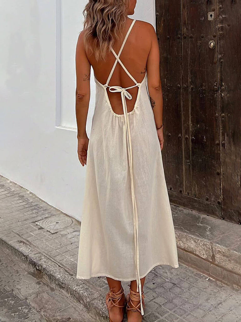 Robe mi-longue dos nu sans manches avec cordon de serrage pour les vacances d'été