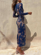 Load image into Gallery viewer, Charm Lady Mesh Overlay Tie Dye Print Long Sleeve Ruched Stretch Midi Dress