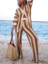 Load image into Gallery viewer, Fashion Loose V-Neck Hollow Out Striped Shirt Wide Leg Pants Set