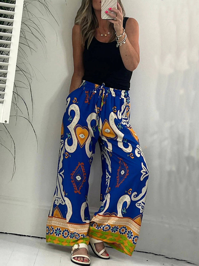 Printed Pocketed Drawstring Elastic Waist Pants