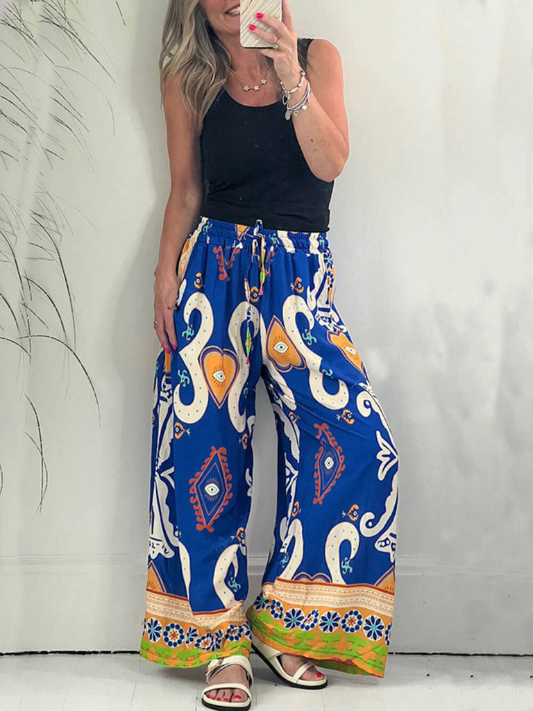 Printed Pocketed Drawstring Elastic Waist Pants