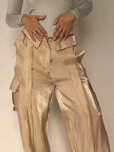 Load image into Gallery viewer, Golden Years Glitter Fabric Drawstring Waist Pocketed Wide Leg Pants