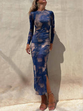 Load image into Gallery viewer, Charm Lady Mesh Overlay Tie Dye Print Long Sleeve Ruched Stretch Midi Dress