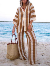 Load image into Gallery viewer, Fashion Loose V-Neck Hollow Out Striped Shirt Wide Leg Pants Set