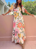 Square Neck Floral Print Bubble Sleeve Maxi Dress
