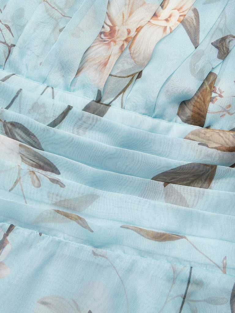 Light Blue Floral Ruched Chiffon One Shoulder Sleeveless A-Line Maxi Dress