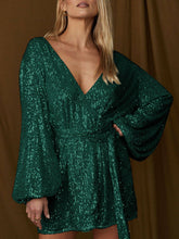 Load image into Gallery viewer, V-Neck Long Puff Sleeve Sparkly Sequin Wrap Mini Dress