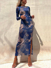 Load image into Gallery viewer, Charm Lady Mesh Overlay Tie Dye Print Long Sleeve Ruched Stretch Midi Dress