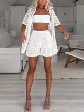 Görseli Galeri görüntüleyiciye yükleyin, Casual Lace Hollow Short-Sleeved Cardigan Shorts Suit