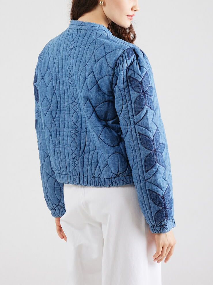 Long Sleeve Button Blue Embroidered Cropped Jacket