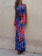 Indlæs billede til gallerivisning Tie-Dye Print Halter Backless Stretch Maxi Dress