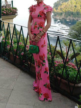 Load image into Gallery viewer, Cheongsam Rose Floral Print Tiered Flare Sleeve Stretch Maxi Dress