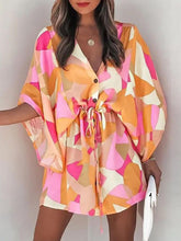 Laden Sie das Bild in den Galerie-Viewer, V-Neck Tie Printed Batwing Sleeve Dress