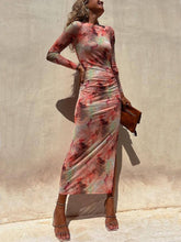 Load image into Gallery viewer, Charm Lady Mesh Overlay Tie Dye Print Long Sleeve Ruched Stretch Midi Dress