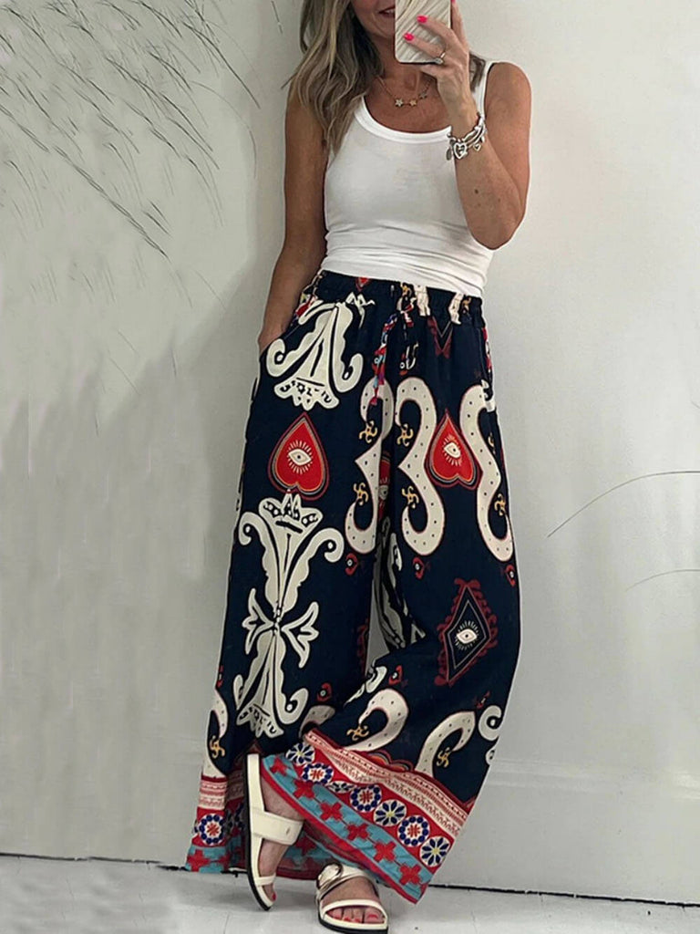 Printed Pocketed Drawstring Elastic Waist Pants