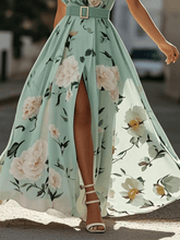 Load image into Gallery viewer, Light Green Floral Ruched One Shoulder A-Line Maxi Chiffon Dress