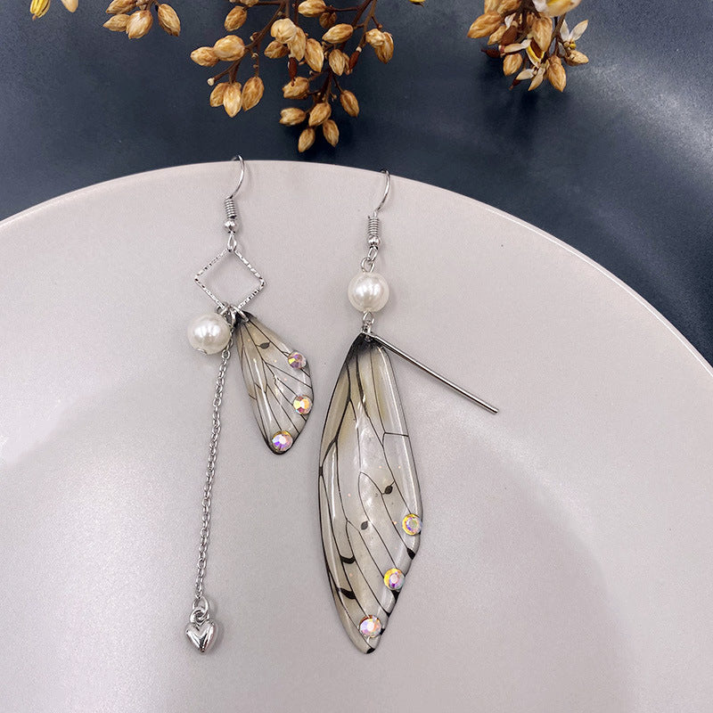 Boucles d'oreilles à pampilles en forme d'aile de cigale en feuille d'or gris et aile de papillon 